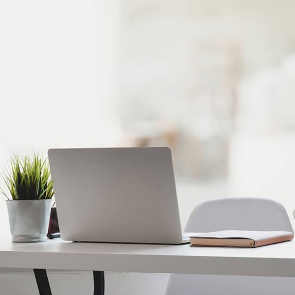 a laptop and notebook placed on a desk next to a small potted plant